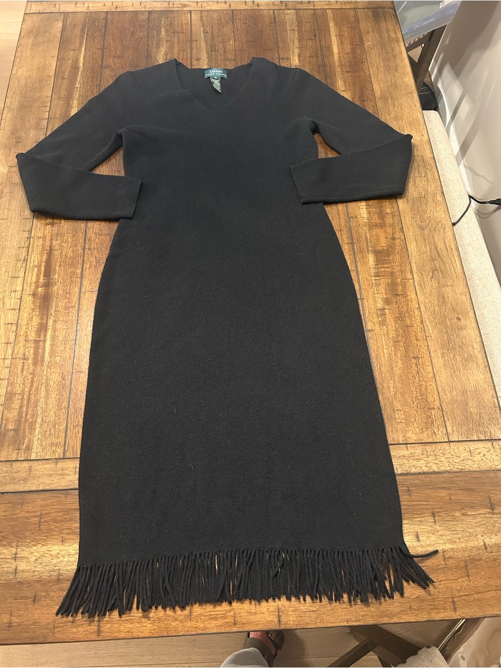 Lauren Ralph Lauren Black Wool Rabbit Hair Fringe Sweater Dress M